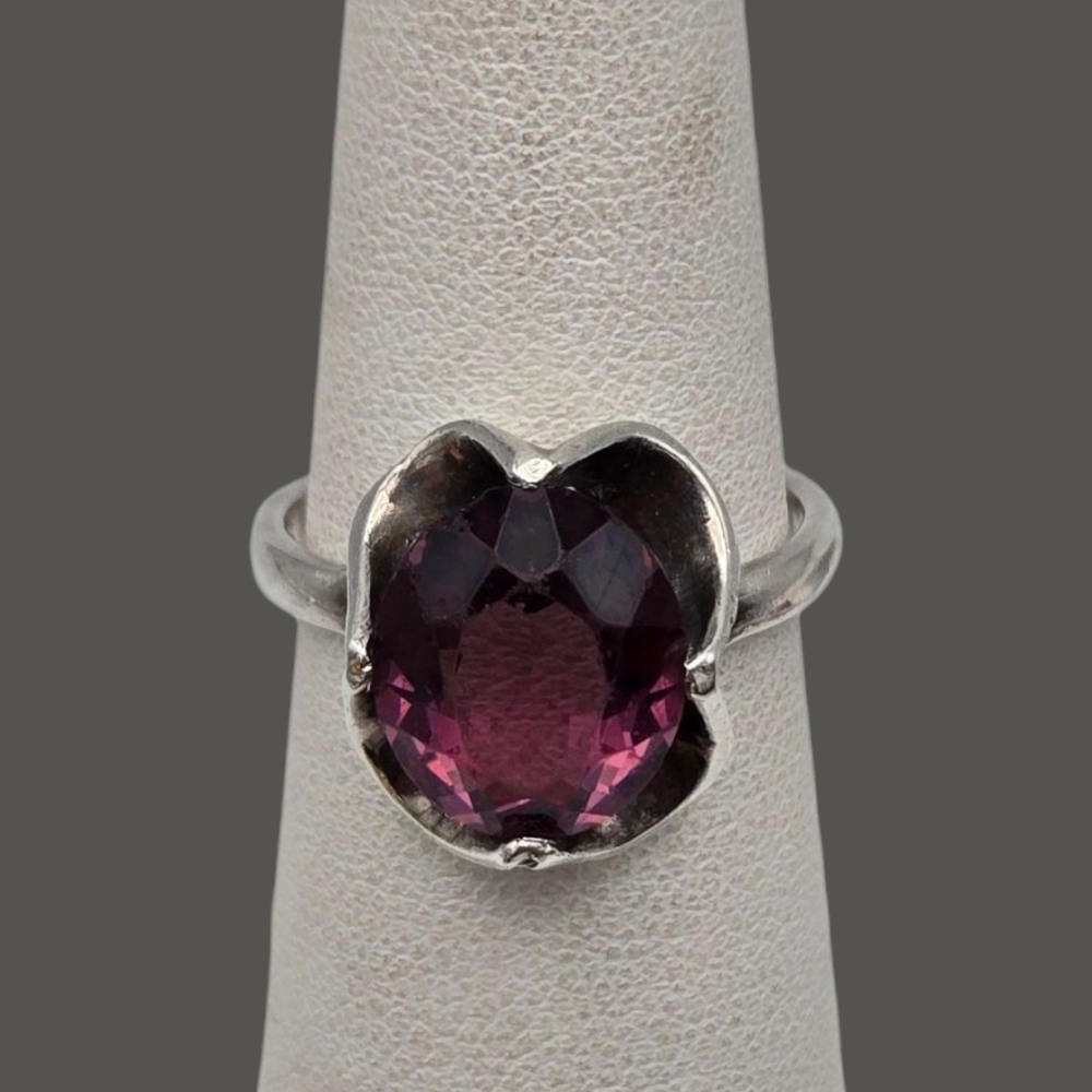 Vintage Artisan Sterling Silver Ring with Amethyst Glass Stone Floral Setting